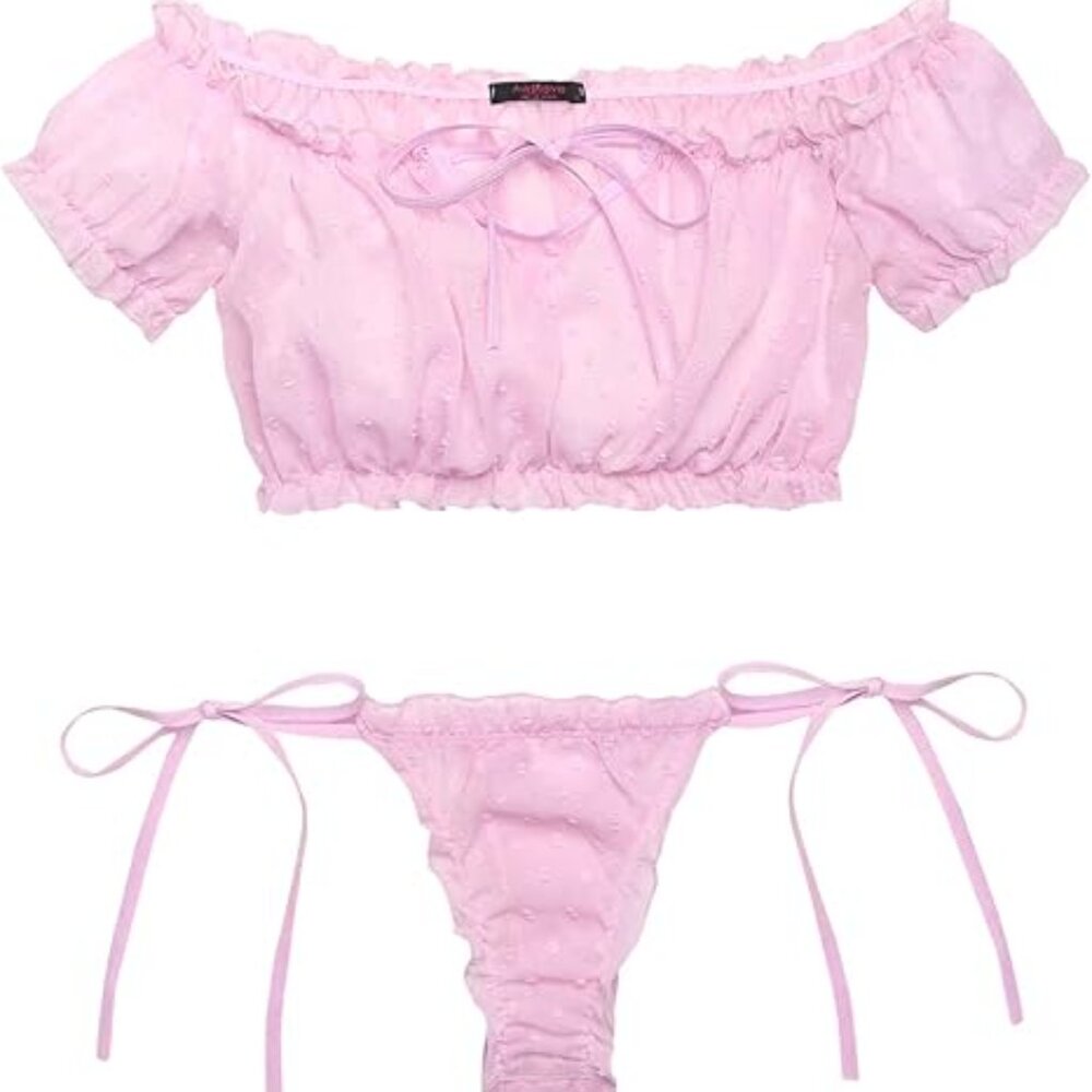 AVIDLOVE TIE RUFFLE TRIM LINGERIE SET SEXY BRA  PANTIES  PINK SIZE L  NWT